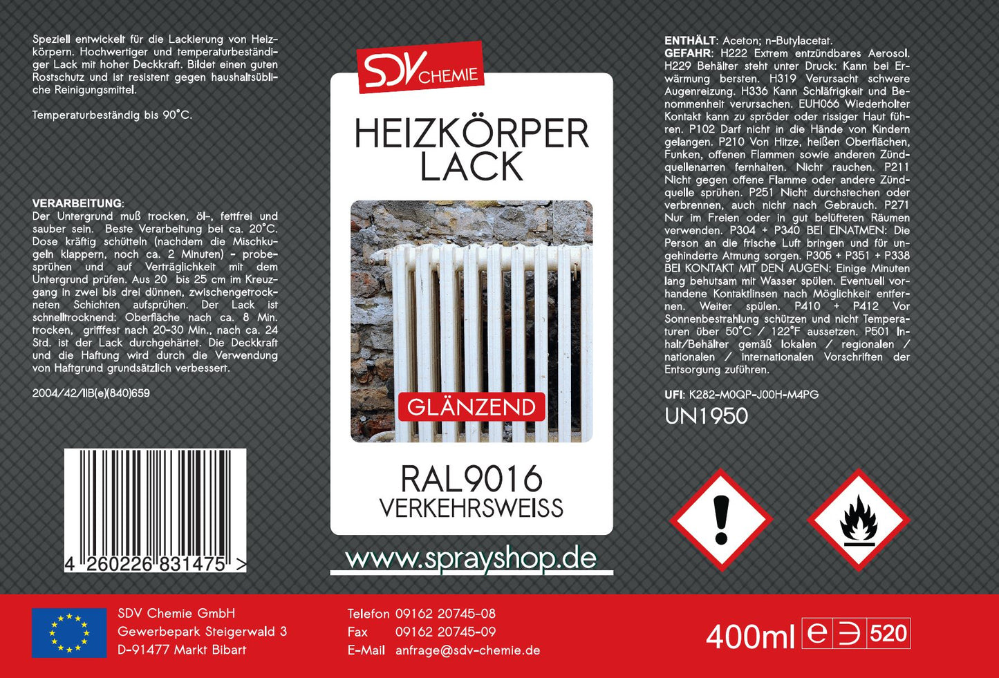 Heizkörperlack verkehrsweiss glänzend 400ml RAL 9016 Radiator Etikett