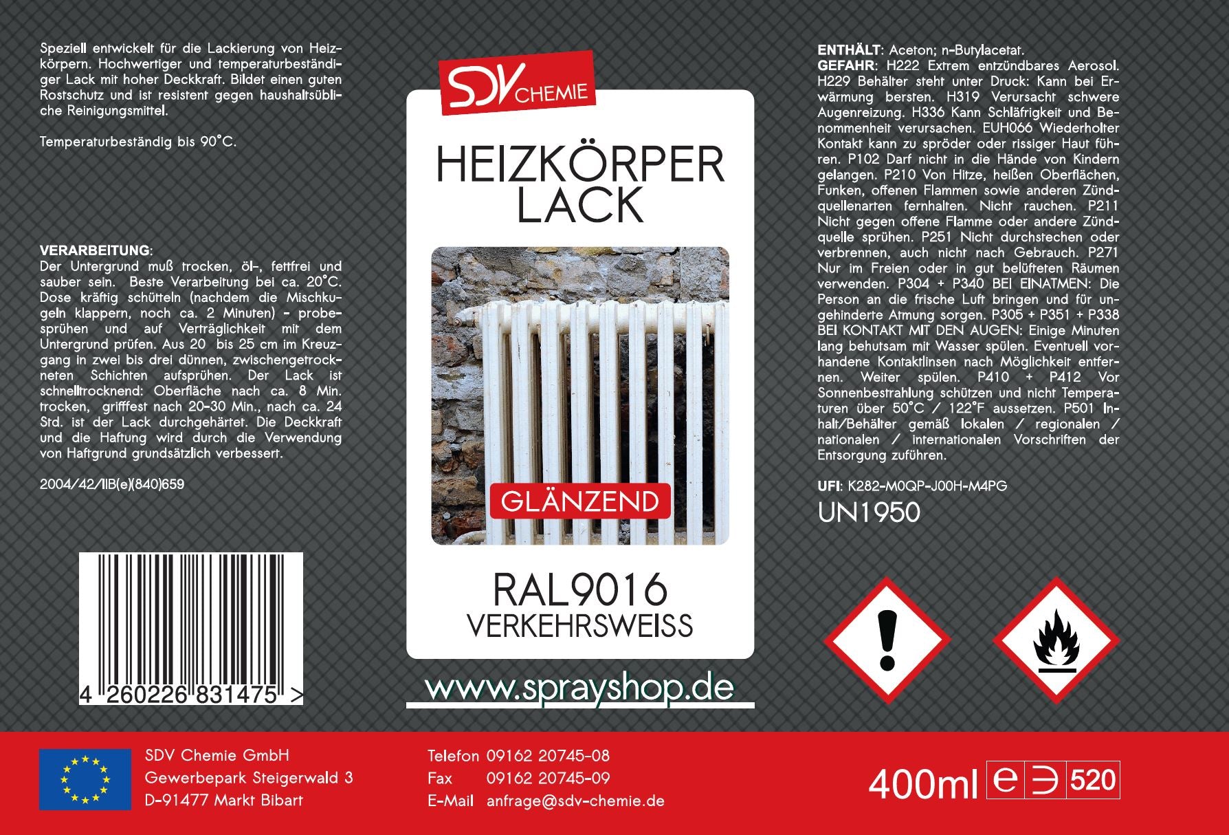 Heizkörperlack verkehrsweiss glänzend 400ml RAL 9016 Radiator Etikett