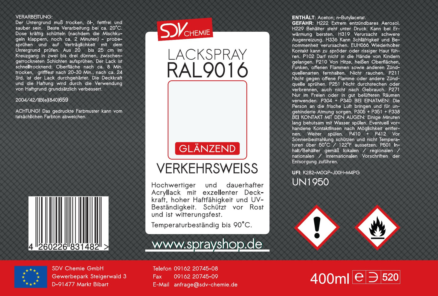 Lackspray RAL 9016 VERKEHRSWEISS glänzend 400ml Etikett