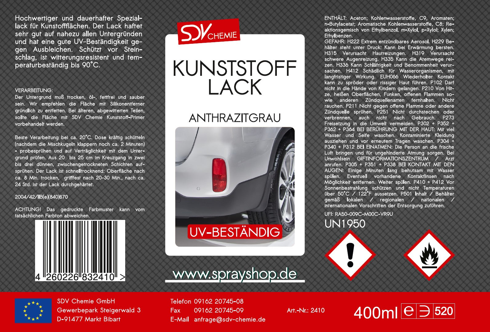 Kunststofflack anthrazit grau matt 400ml Lackspray Etikett