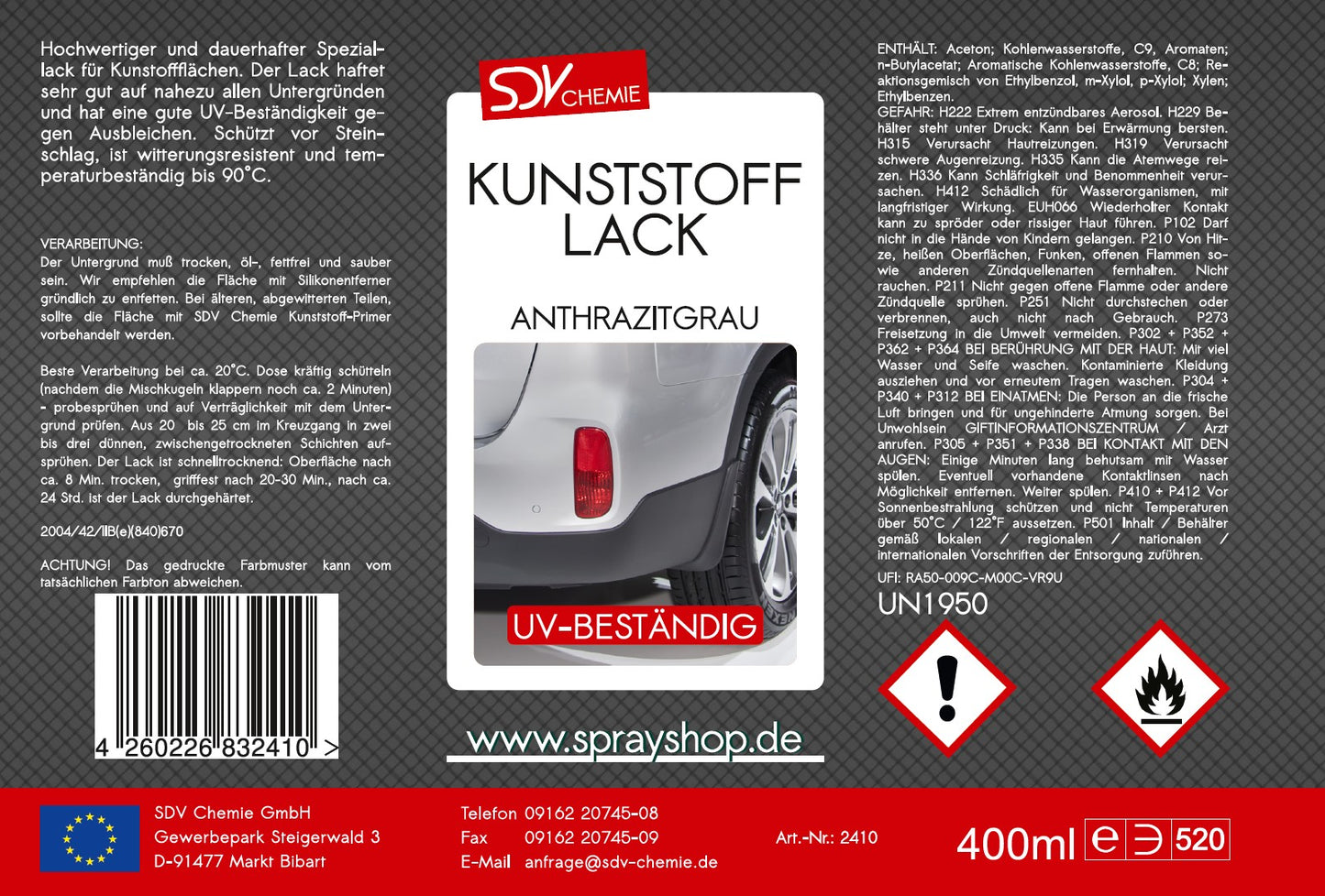 Kunststofflack anthrazit grau matt 400ml Lackspray Etikett