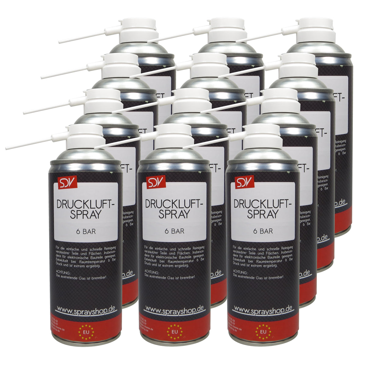 SDV Chemie Druckluftspray 12x 400 Ml – Air Duster Für Tastatur, PC, Elektronik, Mit 6 Bar Druck, Sprühschlauch, Brennbar, Ideal Für Werkstatt & Büro Air Duster 400ml