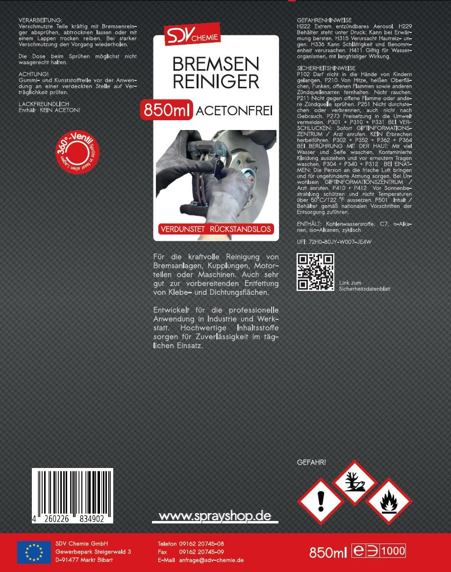 Bremsenreiniger Spray Trigger 850ml Etikett