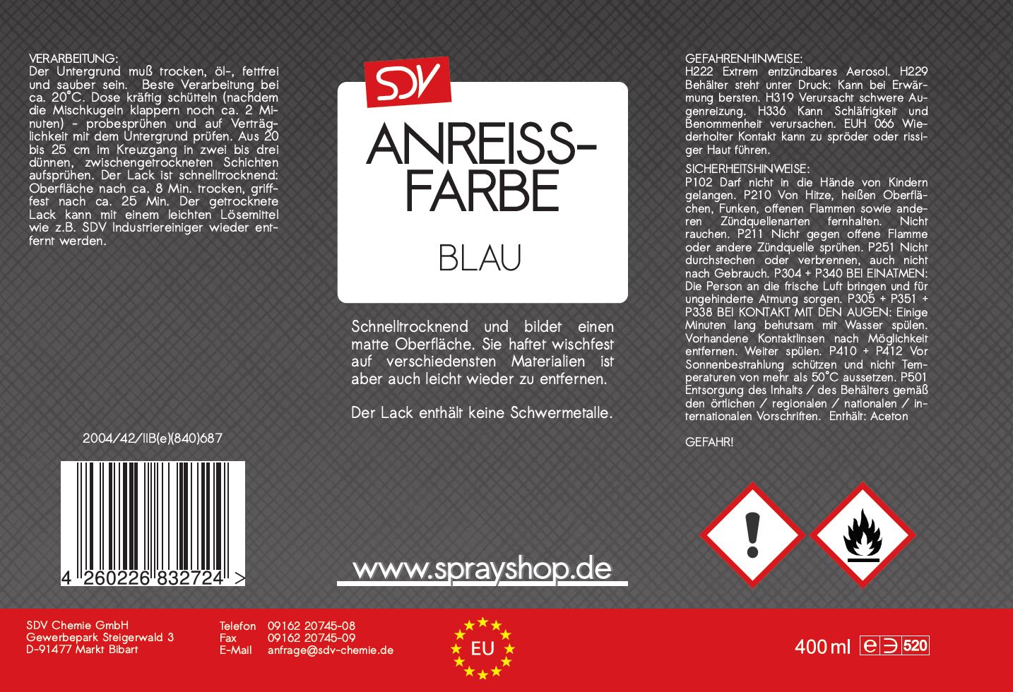 Anreissfarbe 6x 400ml blau wischfest nicht spiegelnd Kontrastmittel