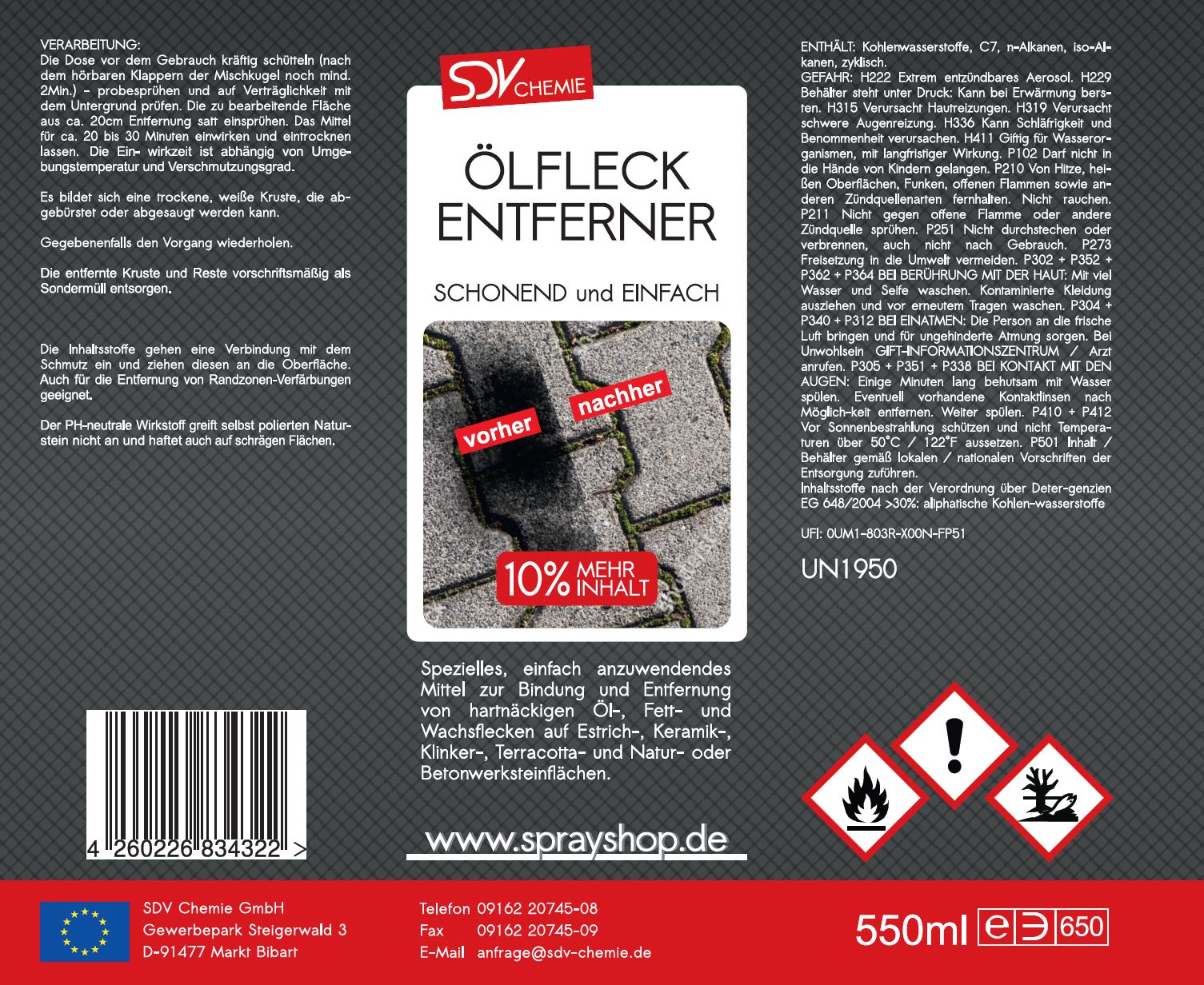 Ölfleckentferner Spray 550ml Öl Fett Ölfleck Reiniger Etikett