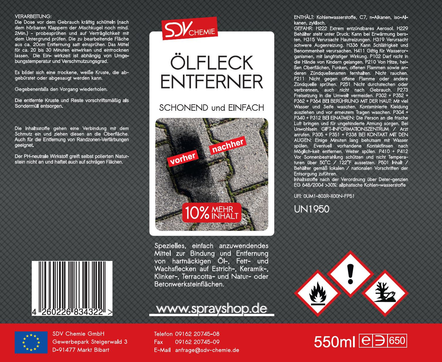 Ölfleckentferner Spray 550ml Öl Fett Ölfleck Reiniger Etikett