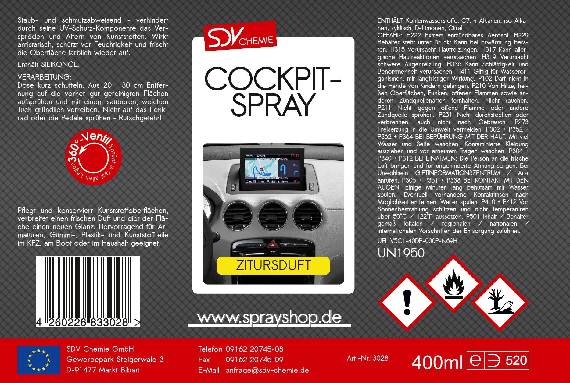 Cockpitspray Zitrusduft 400ml Etikett