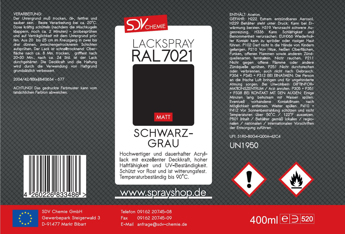 Lackspray RAL 7021 SCHWARZGRAU matt 1x 400ml grau Acryllack