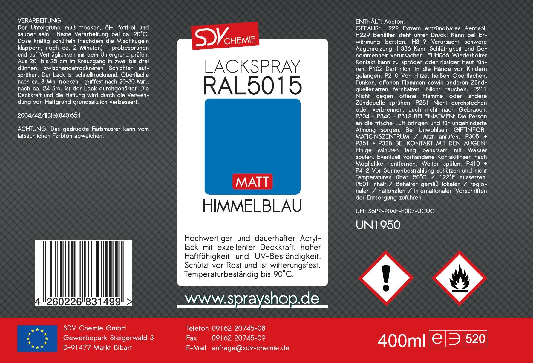 Lackspray RAL 5015 HIMMEBLAU matt 400ml Etikett