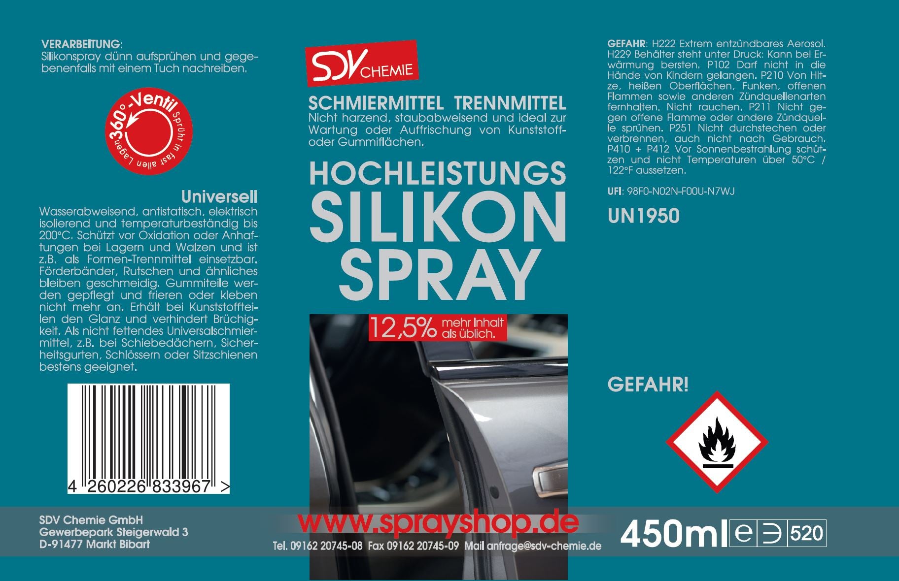 Hochleistungs Silikonspray 450ml Kunststoff- und Gummipflege Etikett