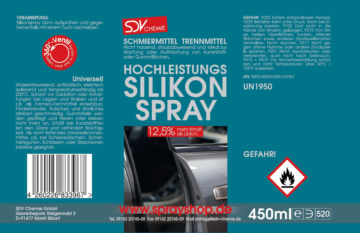 Hochleistungs Silikonspray 450ml Kunststoff- und Gummipflege Etikett