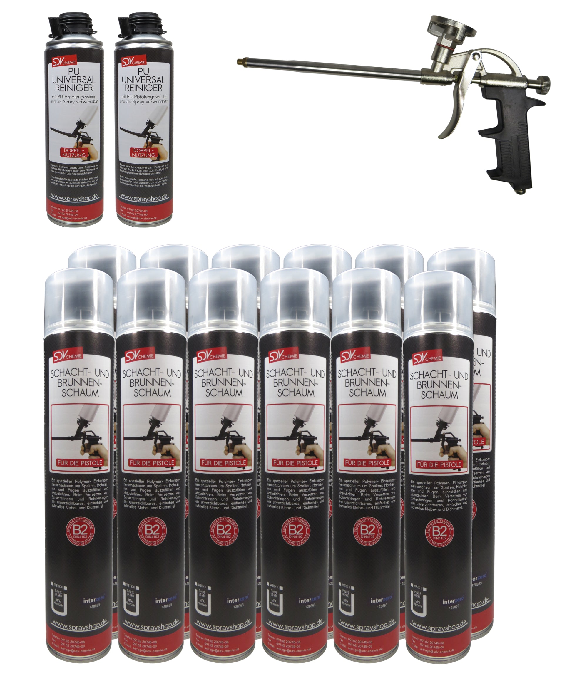 Brunnenschaum B2 SET 12x 750ml + 2 PU-Reiniger + 1 Schaumpistole