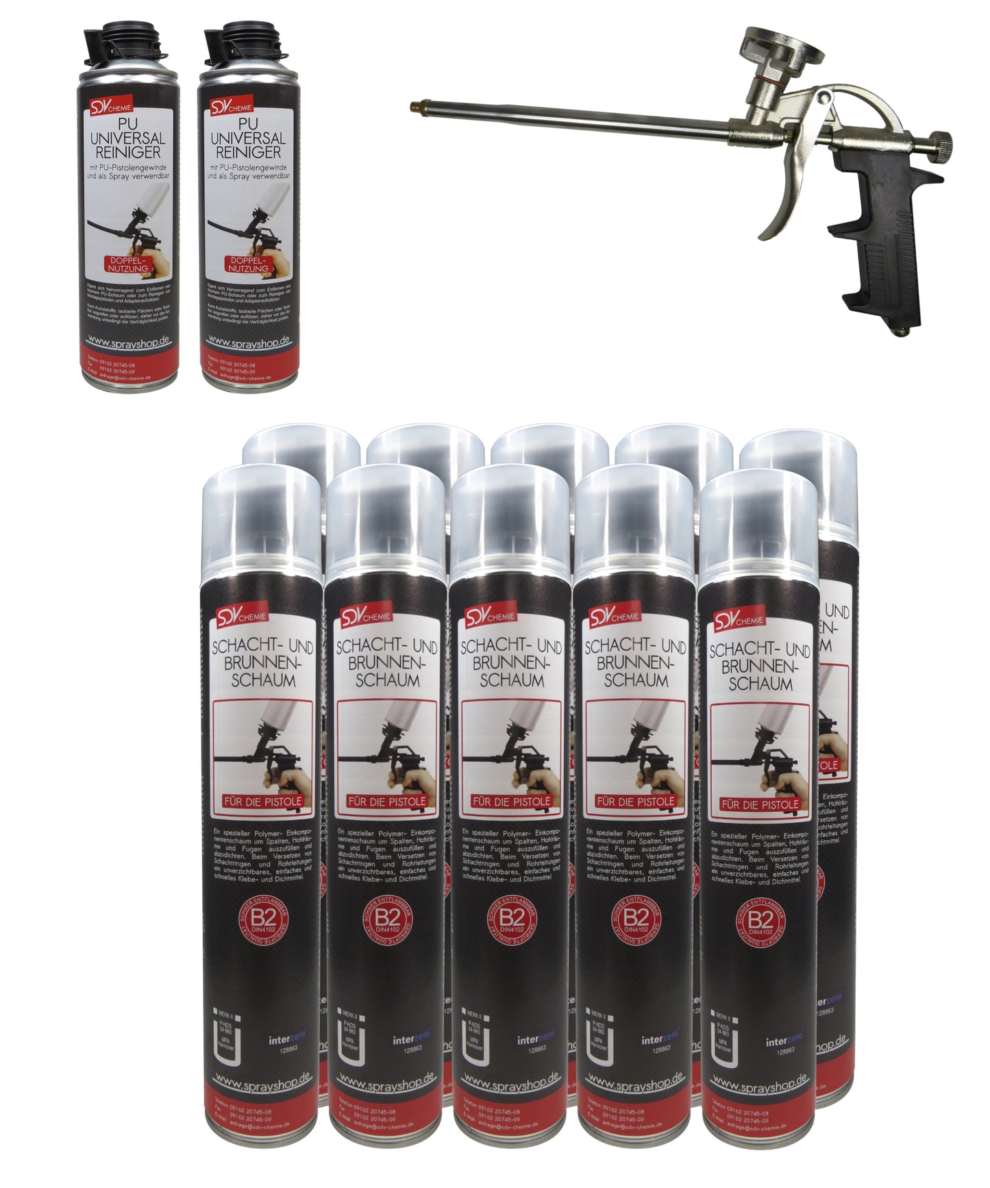 Brunnenschaum B2 SET 10x 750ml + 2 PU-Reiniger + 1 Schaumpistole