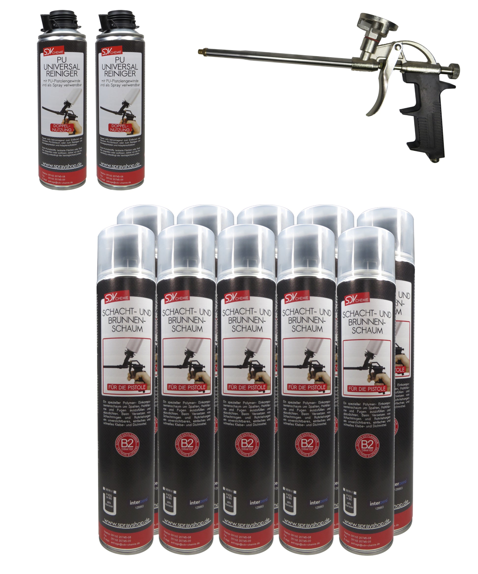 Brunnenschaum B2 SET 10x 750ml + 2 PU-Reiniger + 1 Schaumpistole
