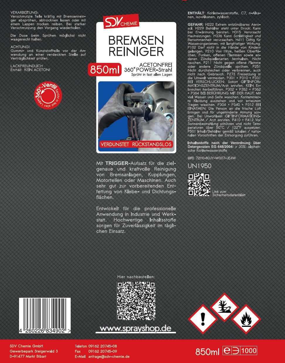 Bremsenreiniger Spray Trigger 850ml Etikett