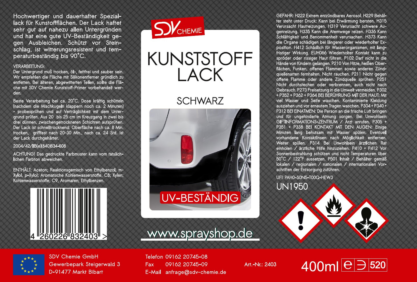 Kunststofflack schwarz matt 400ml Lackspray Etikett
