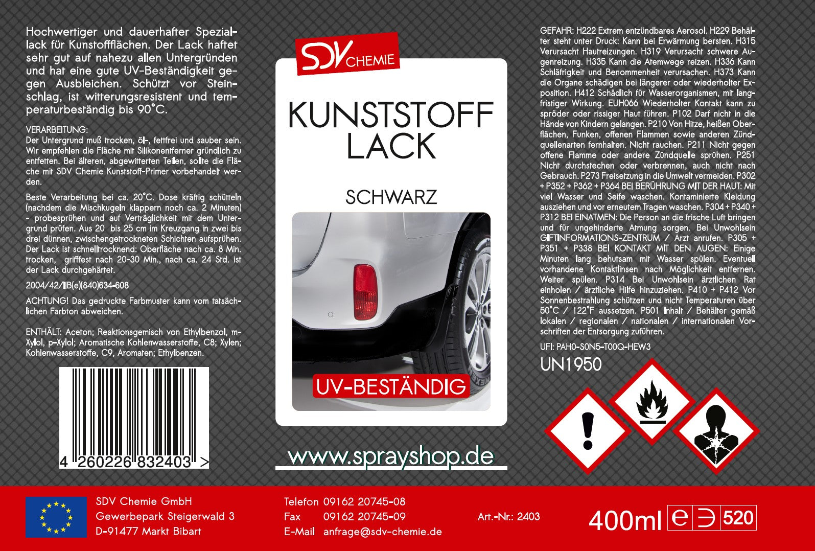 Kunststofflack schwarz matt 400ml Lackspray Etikett