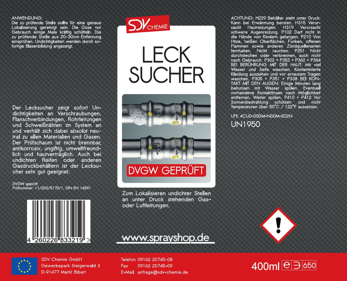 Lecksuchspray 400ml DVGW geprüft Leckfinder Lecksucher Prüfspray Etikett
