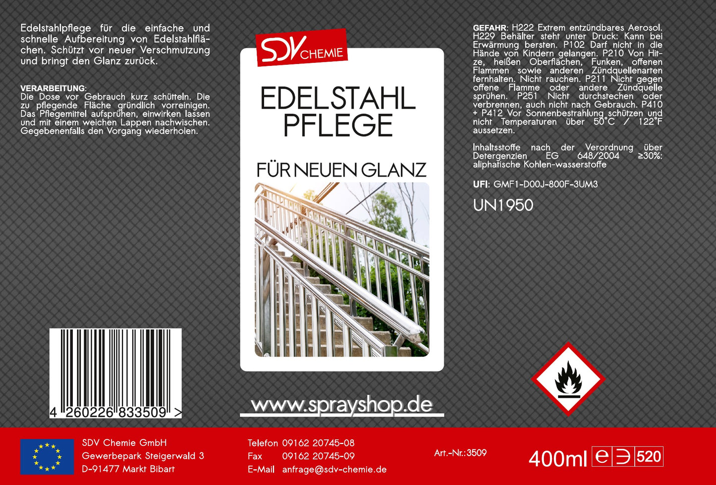 Edelstahlpflege Spray 400ml Etikett