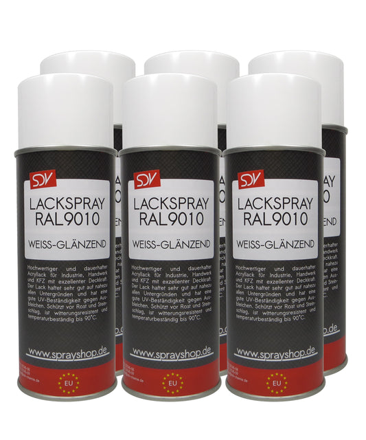 Lackspray RAL 9010 weiß glänzend 6x 400ml REINWEISS weiss Acryllack