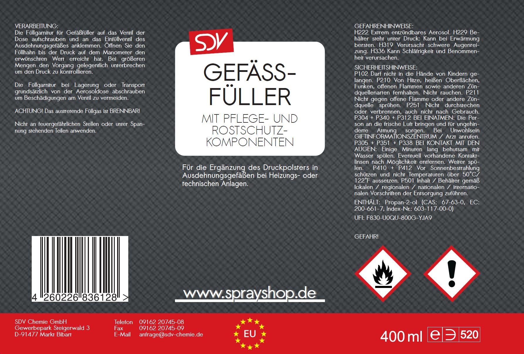 Gefässfüller 400ml Gefäßfüller Spray für Ausdehnungsgefäße Etikett