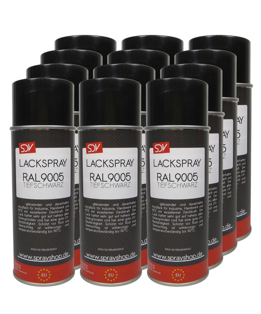 Lackspray RAL 9005 schwarz glänzend 12x 400ml TIEFSCHWARZ Acryllack