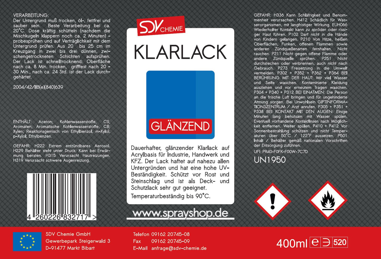 Klarlack Spray glänzend 400ml schnelltrocknend Acryl Sprühlack Etikett