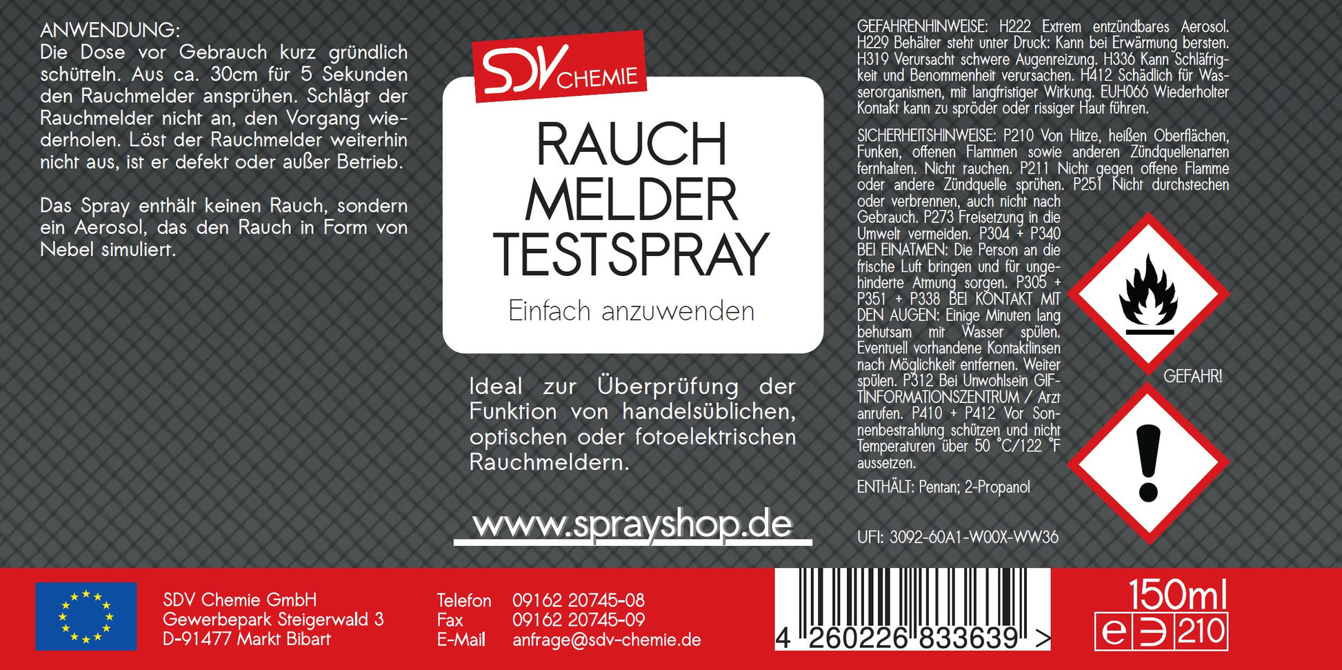 Rauchmelder Testspray 150ml optische fotoelektrische Brandmelder Etikett