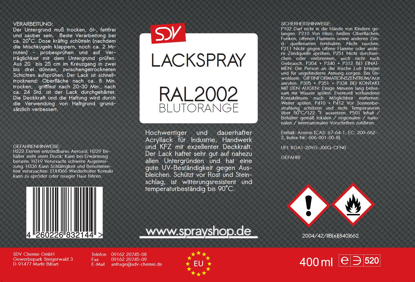 Lackspray RAL 2002 BLUTORANGE glänzend 12x 400ml Acryllack