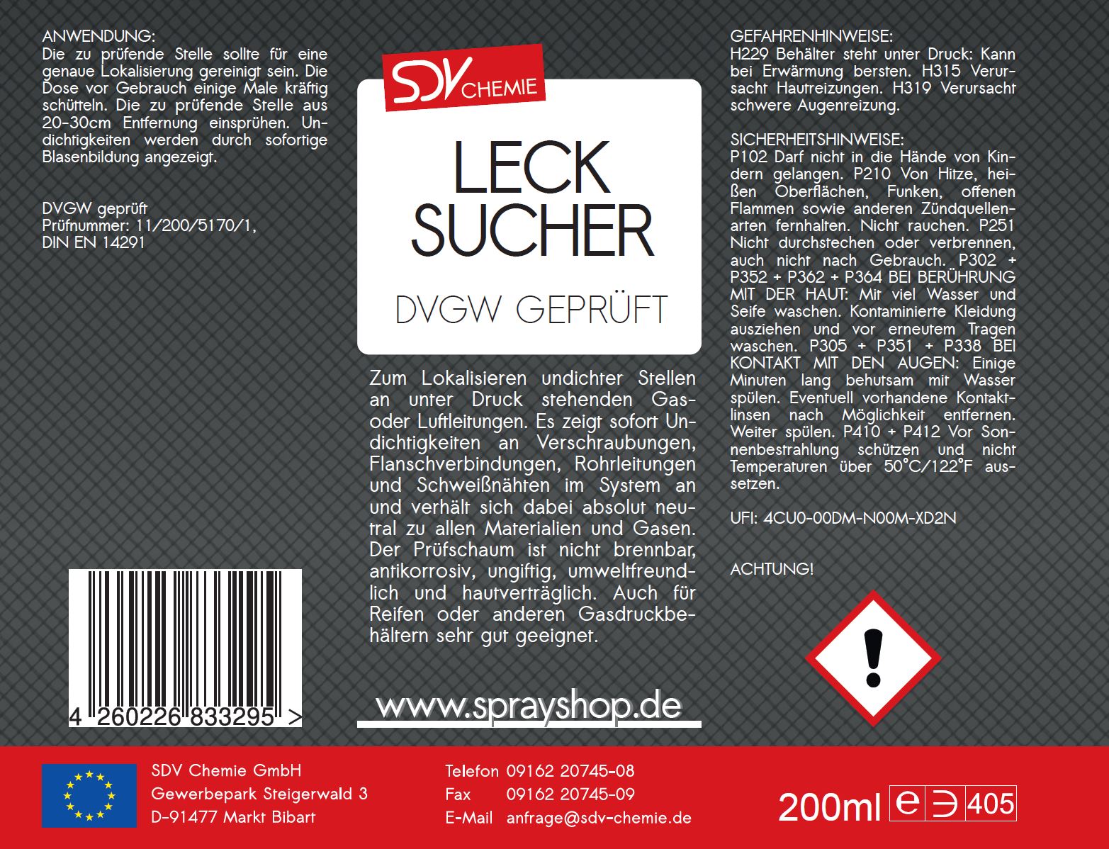 Lecksuchspray  200ml DVGW geprüft Etikett