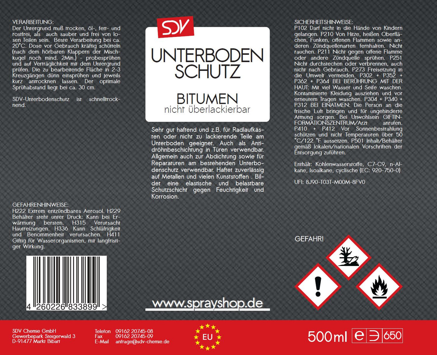 Unterbodenschutz Bitumen schwarz 500ml UBS Steinschlagschutz Etikett