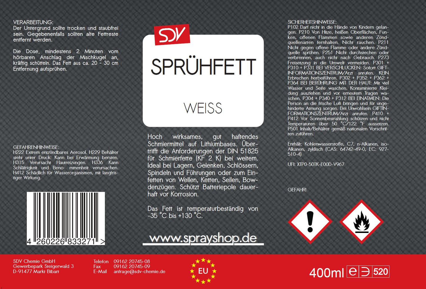 Sprühfett weiss 6x 400ml mit PTFE Schmierfett Fettspray Allzweckfett