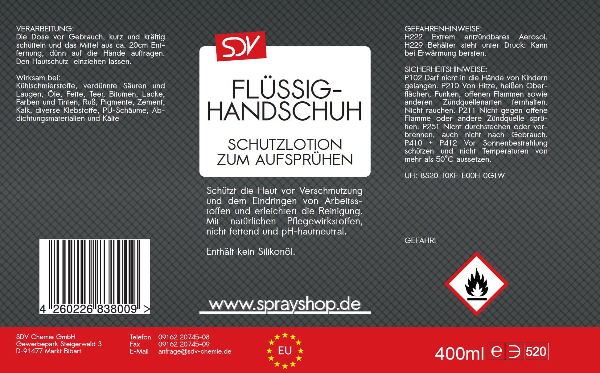 Flüssighandschuh 400ml unsichtbarer abwaschbarer Creme Handschuh Etikett