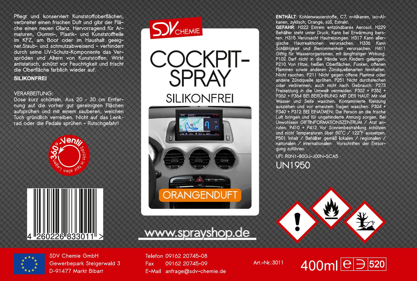 Cockpitspray Orangenduft silikonfrei 400ml Etikett