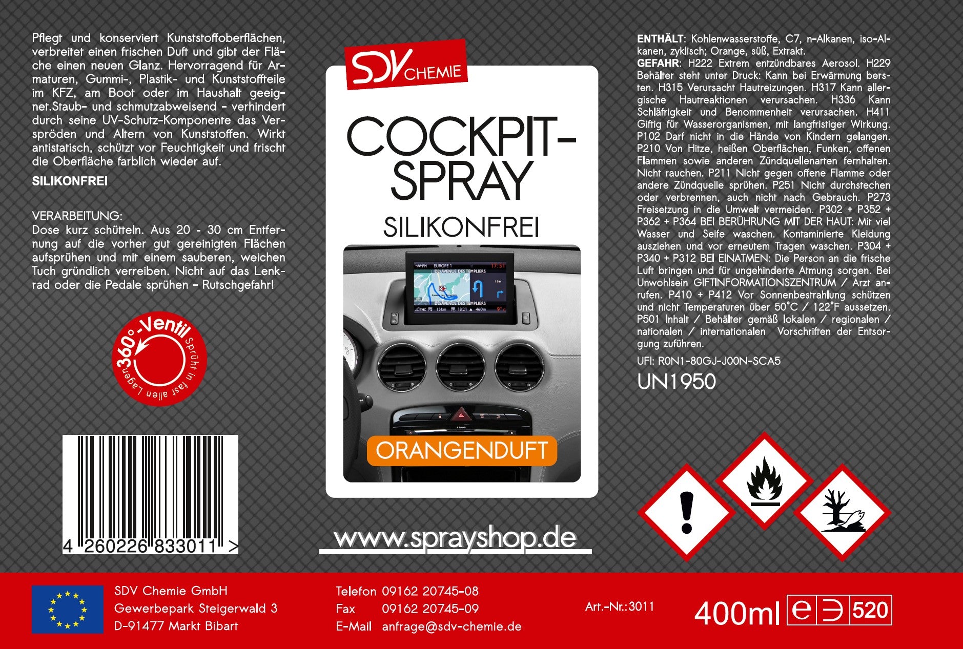 Cockpitspray Orangenduft silikonfrei 400ml Etikett