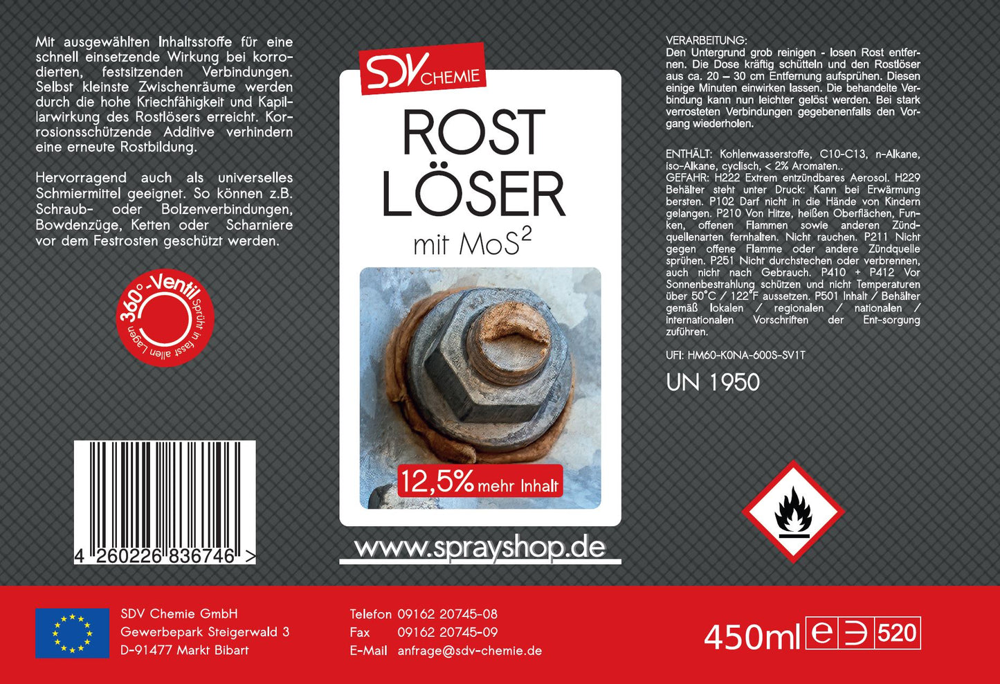 Rostlöser Spray MoS² 6x 450ml Kriechöl Rostentferner Schmiermittel