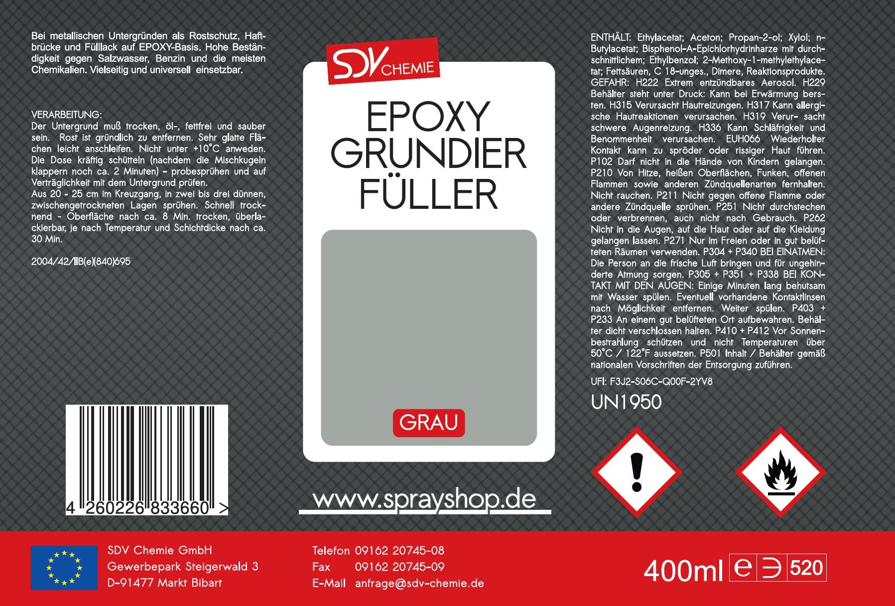 Epoxy Grundierfüller grau 400ml 1K Grundierung Rostschutz Etikett