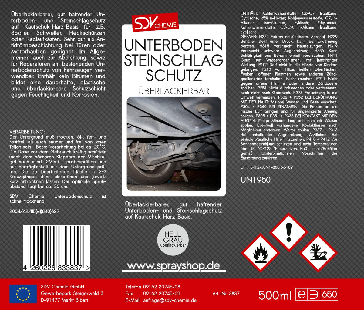 Unterbodenschutz grau überlackierbar 500ml Etikett