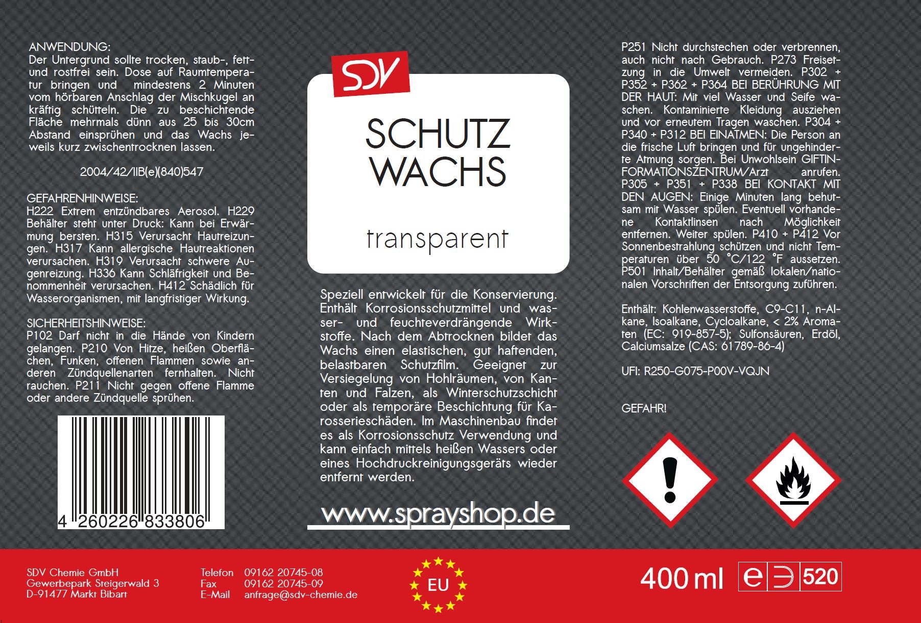 Schutzwachs 400ml transparent milchig Sprühwachs Unterbodenschutz Etikett