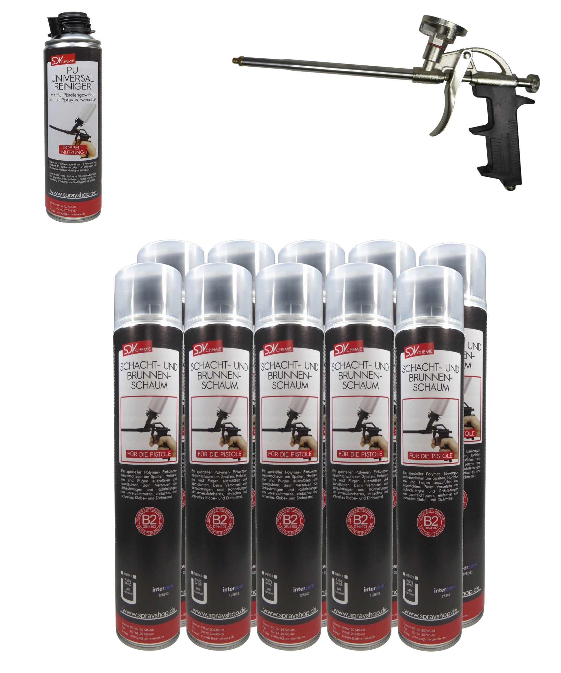 Brunnenschaum B2 SET 10x 750ml + 1 PU-Reiniger + 1 Schaumpistole
