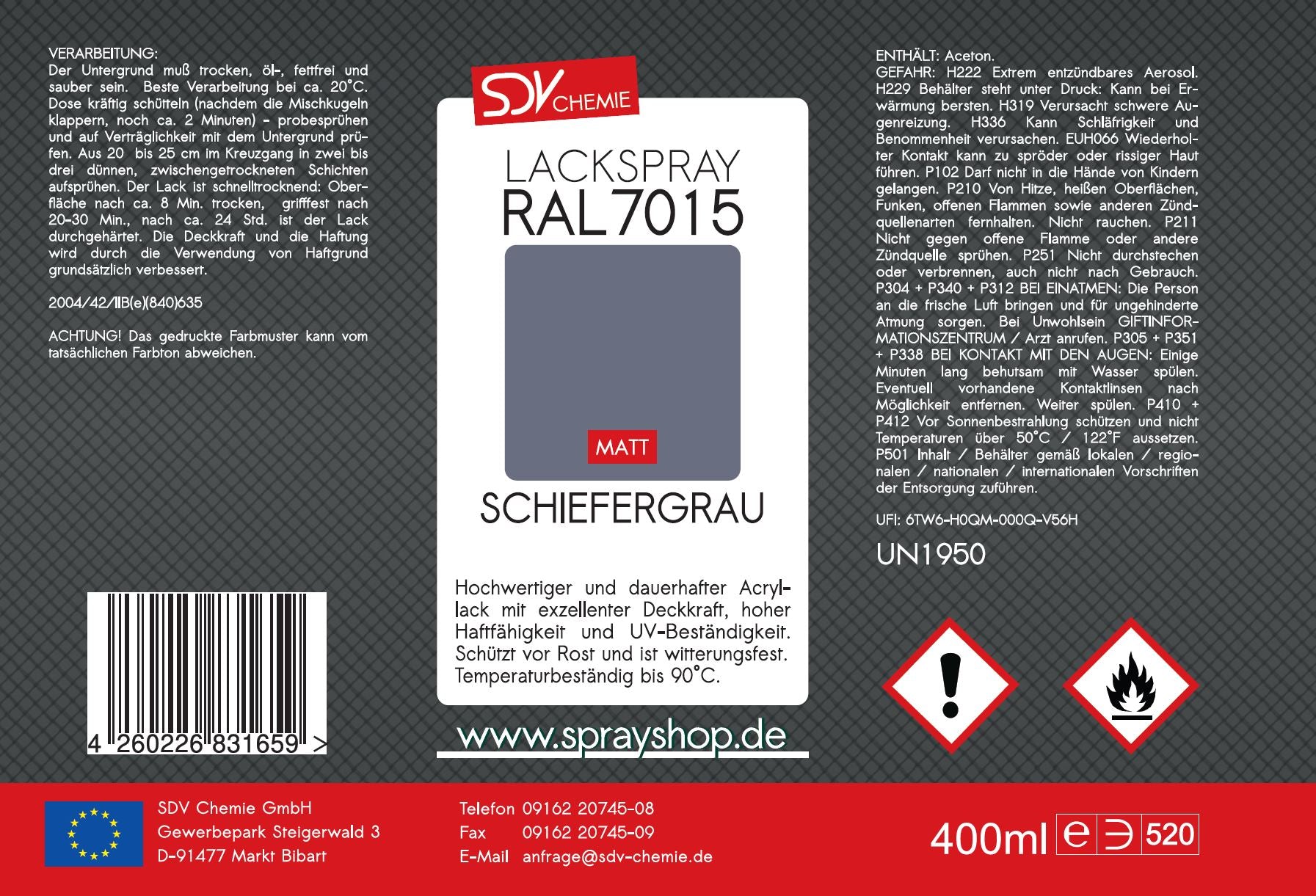 Sprühfarbe 400 ml - RAL 7015 - Matt - Schiefergrau - für verschiedene Sprühfarbe 400 ml - RAL 7015 - Matt - Schiefergrau - für verschiedene