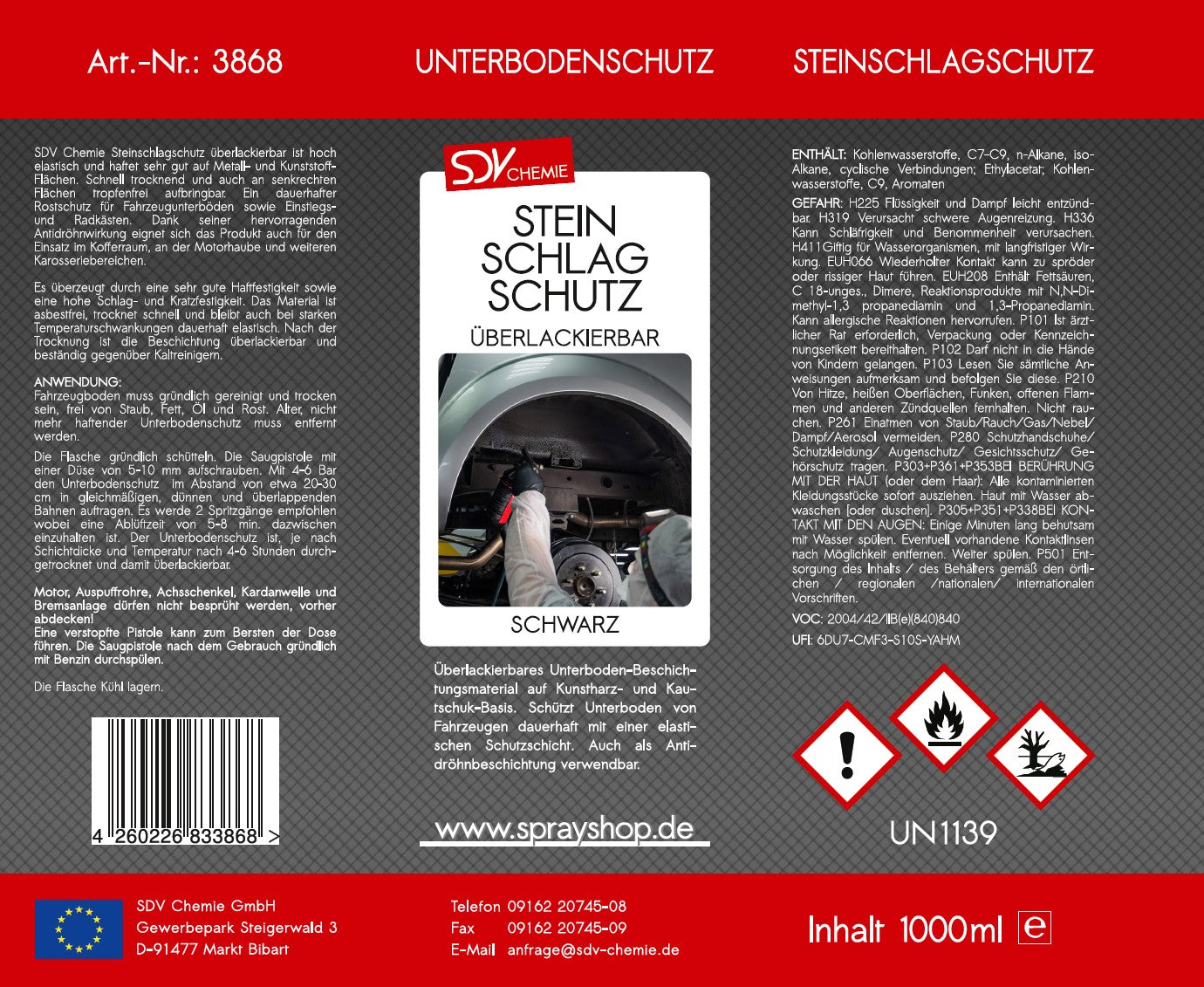 Unterbodenschutz schwarz überlackierbar 1 L Etikett