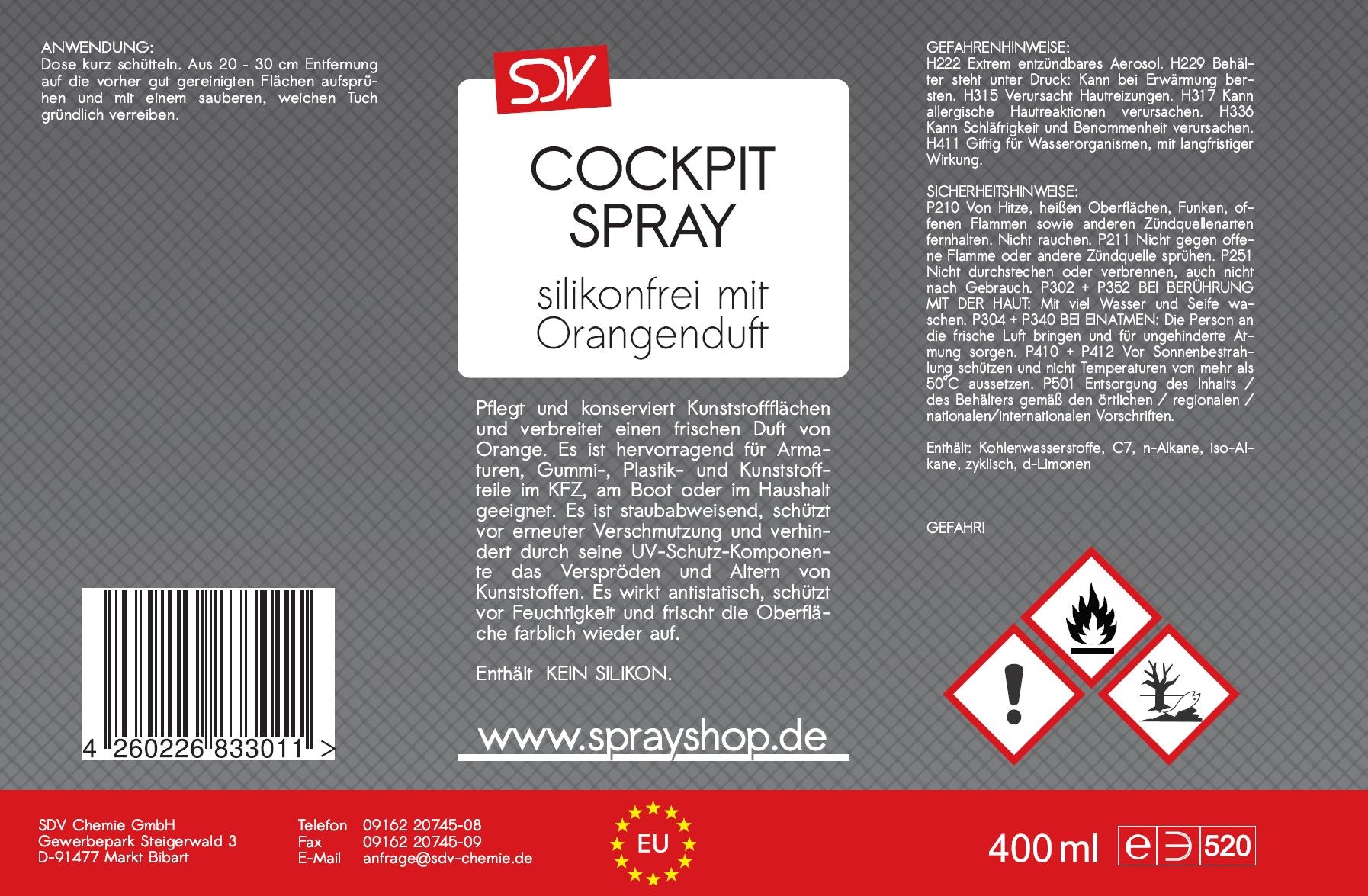 Cockpitspray Orangenduft silikonfrei 400ml Cockpit Pflege Reiniger Etikett